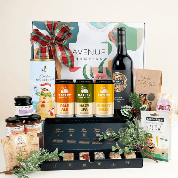 Christmas wine and beer gift hamper with Margaret River wine, WA craft beer, shortbread, fudge, rocky road and gourmet Christmas treats