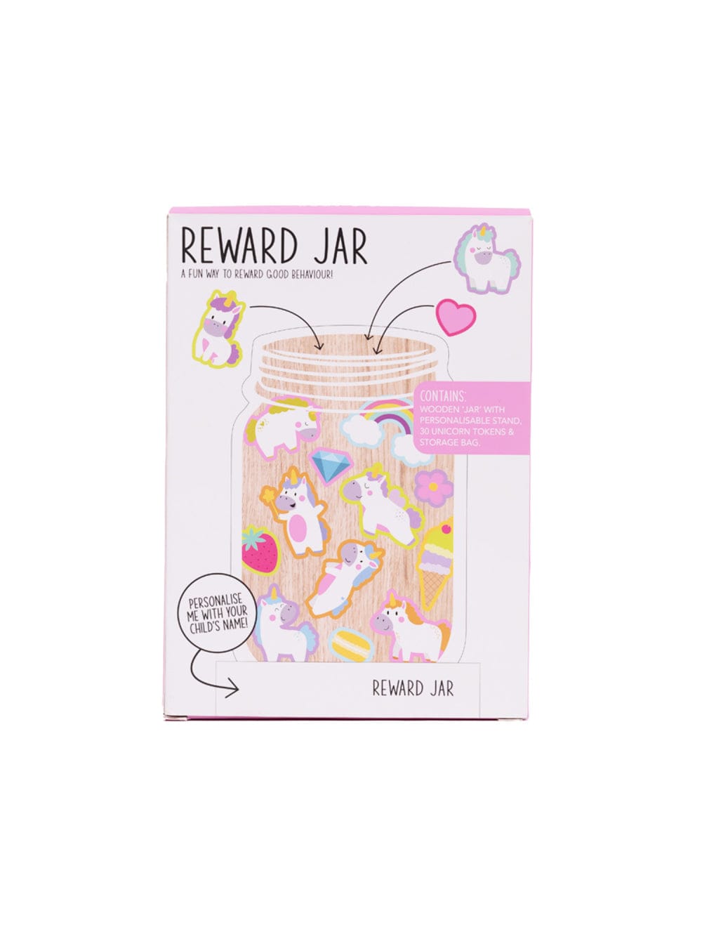 Reward jar packaging with unicorn designs on a white background